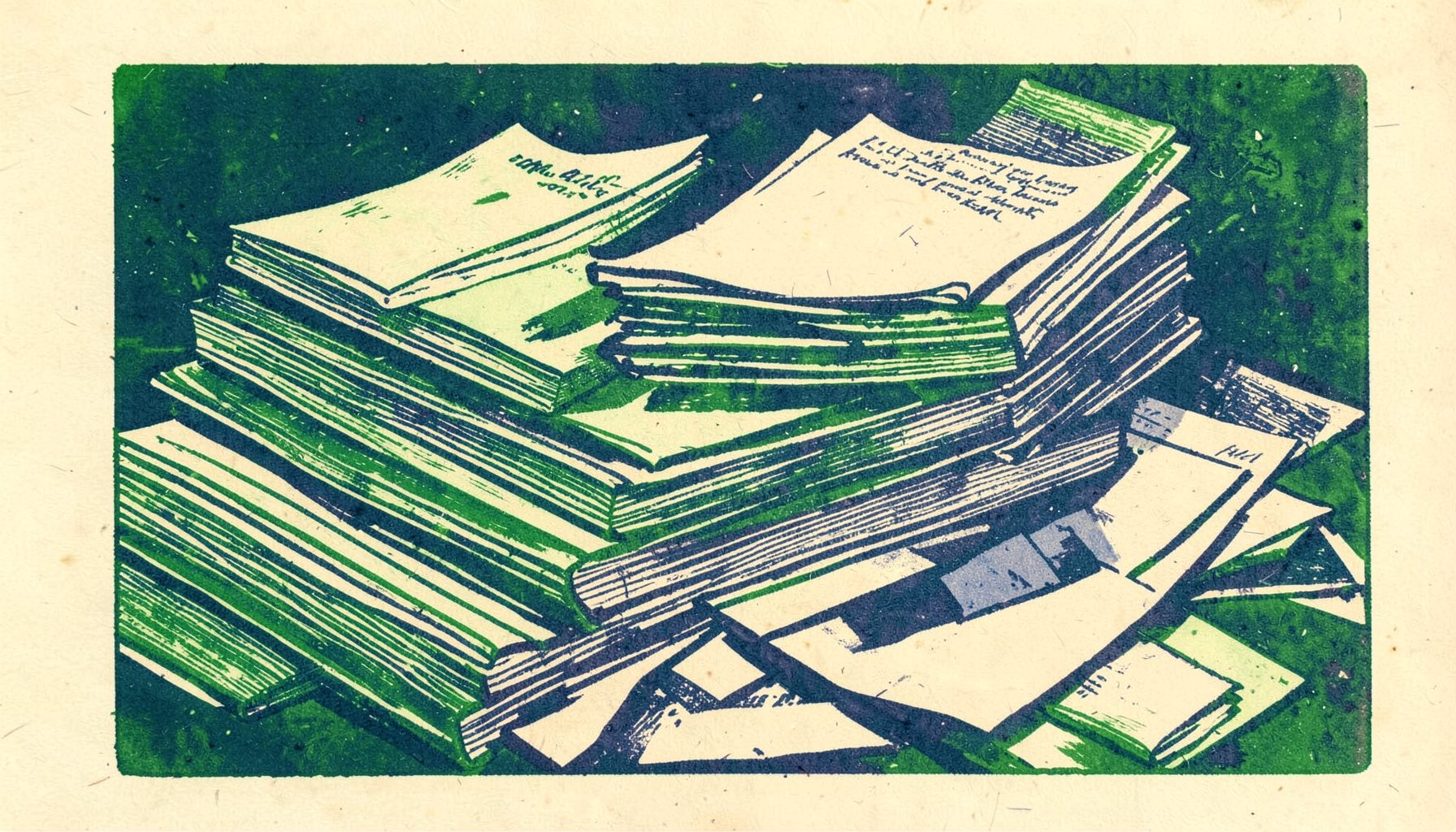 A carved linocut relief print in warm off-white and muted navy-blue tones showing the layered profile of stacked books and scattered papers, evoking a quiet, reflective study.