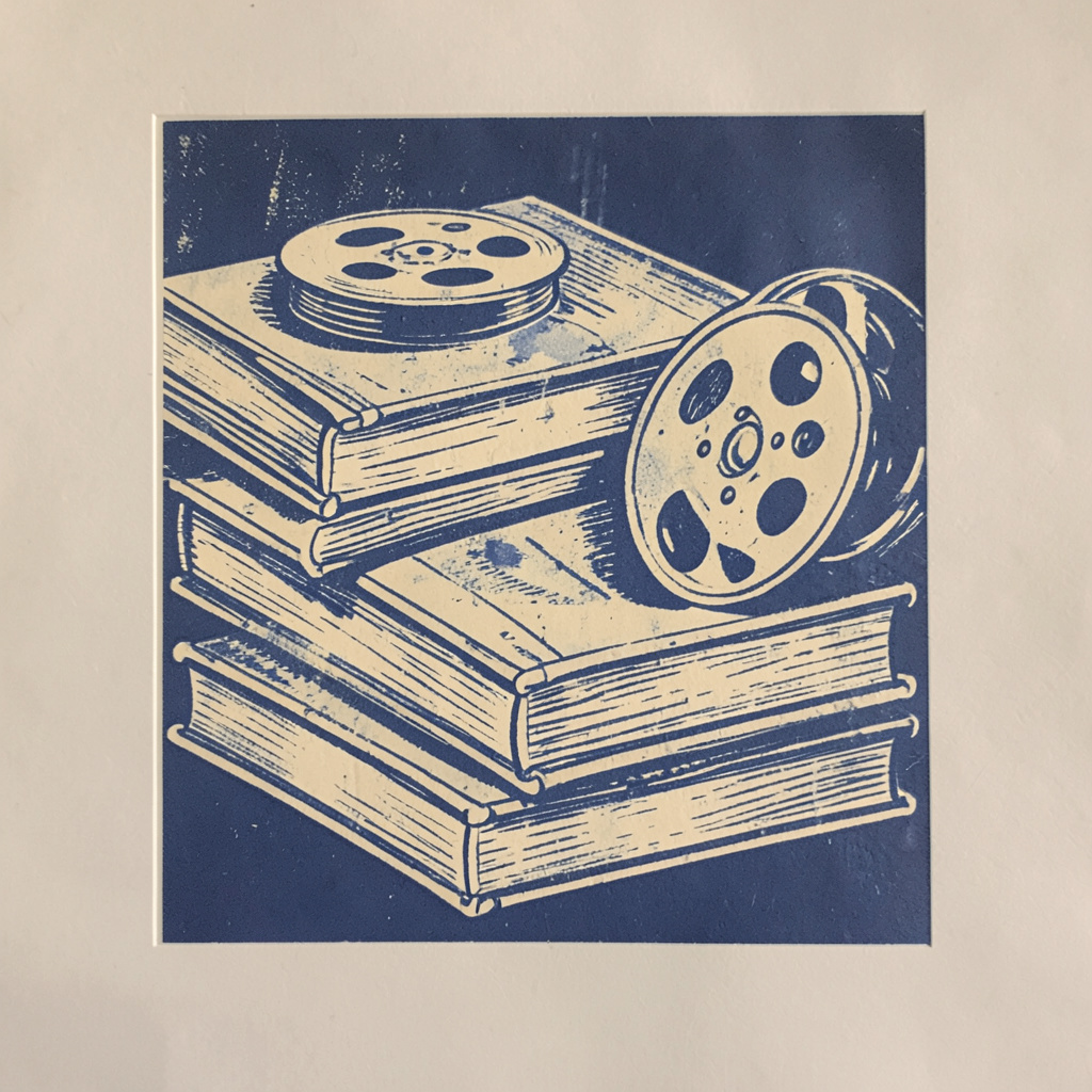 A carved linocut relief print in warm off-white and muted navy-blue tones showing the layered profile of stacked books, scholarly and calm.