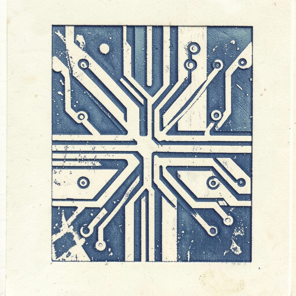 A carved linocut relief print in off-white and muted navy-blue showing a stylized circuit pattern, suggesting software and technology.