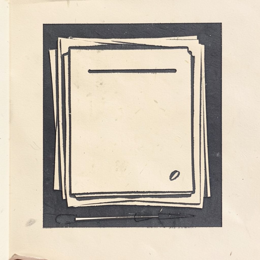 A carved linocut relief print in warm off-white and dark slate showing the layered shape of a static document or page being composed, with clean geometric blocks suggesting structured content and a calm, editorial mood.