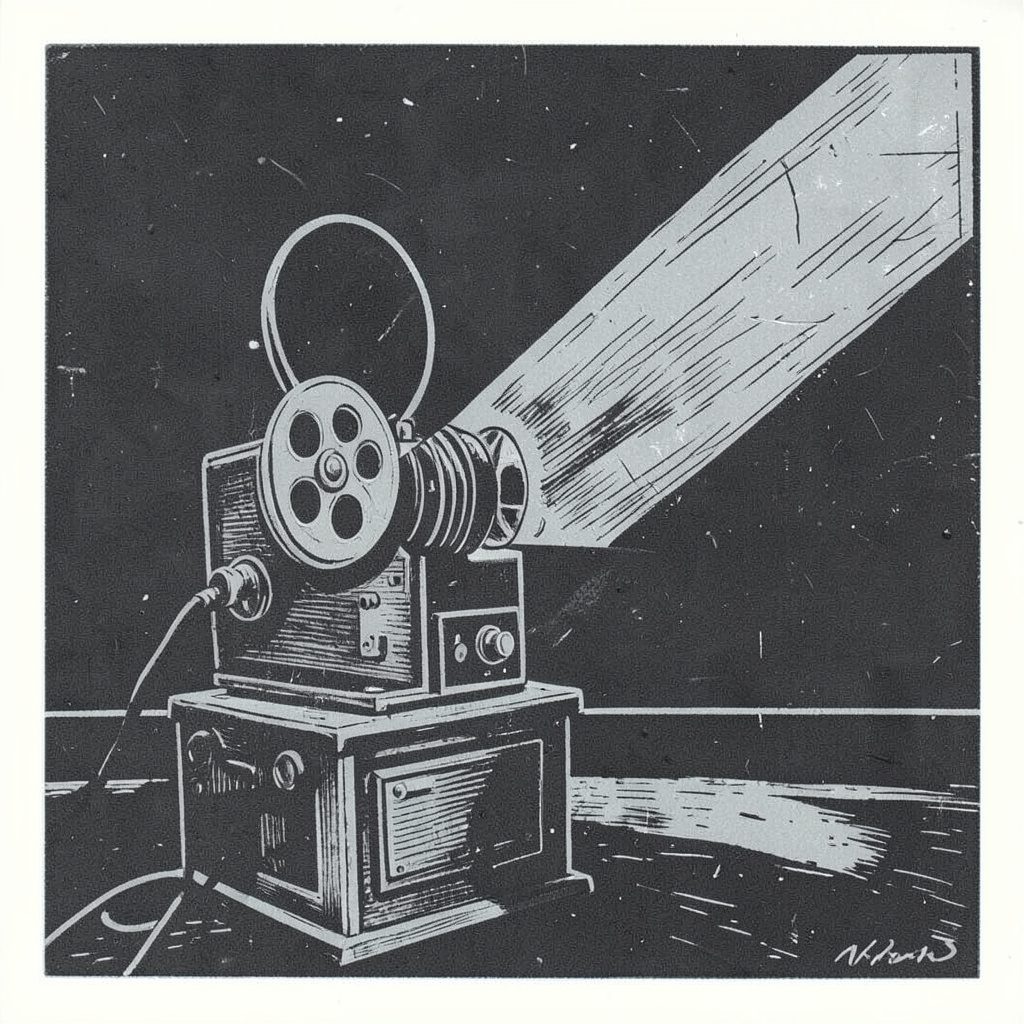 A carved linocut relief print in dark grey and pale slate showing a film projector casting a beam, evoking a calm, editorial cinema mood.