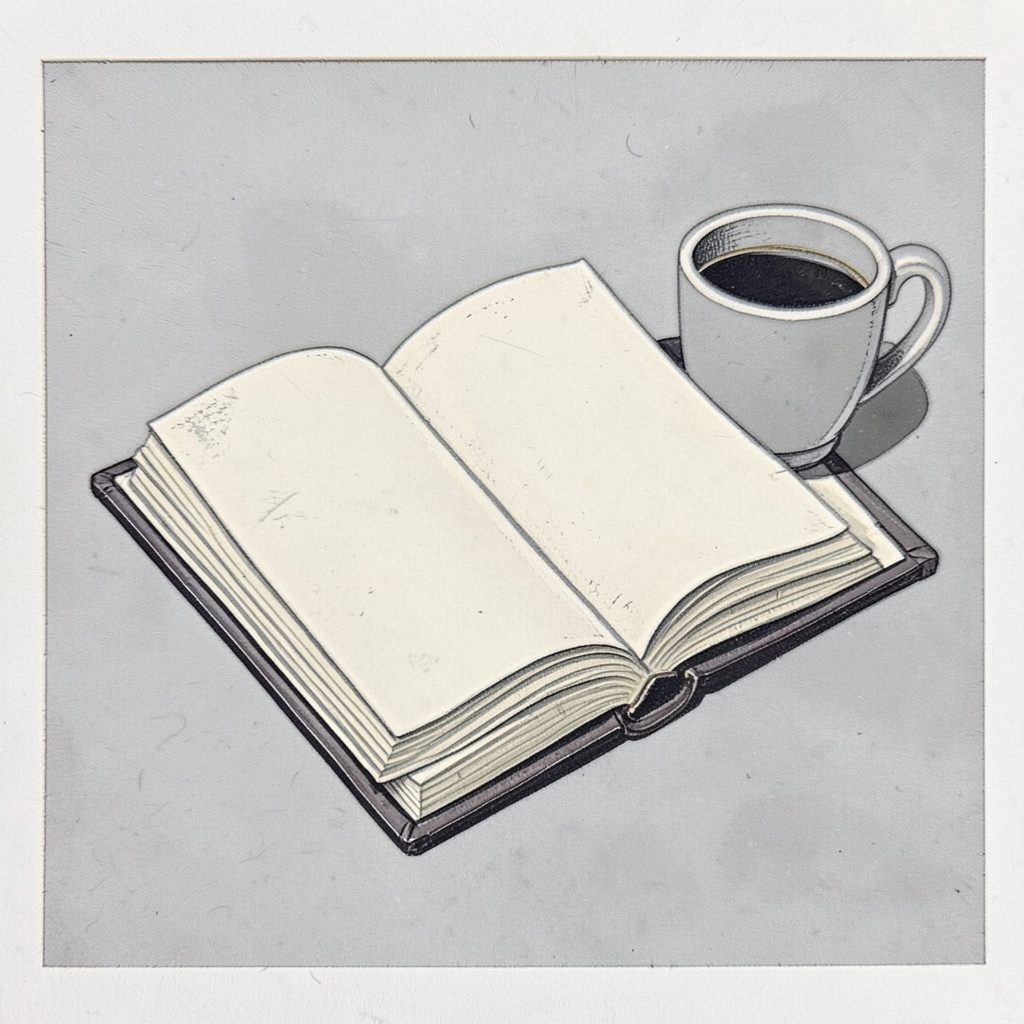A carved linocut relief print in pale grey and warm off-white depicting an open notebook and a coffee cup, in a quiet, everyday setting.