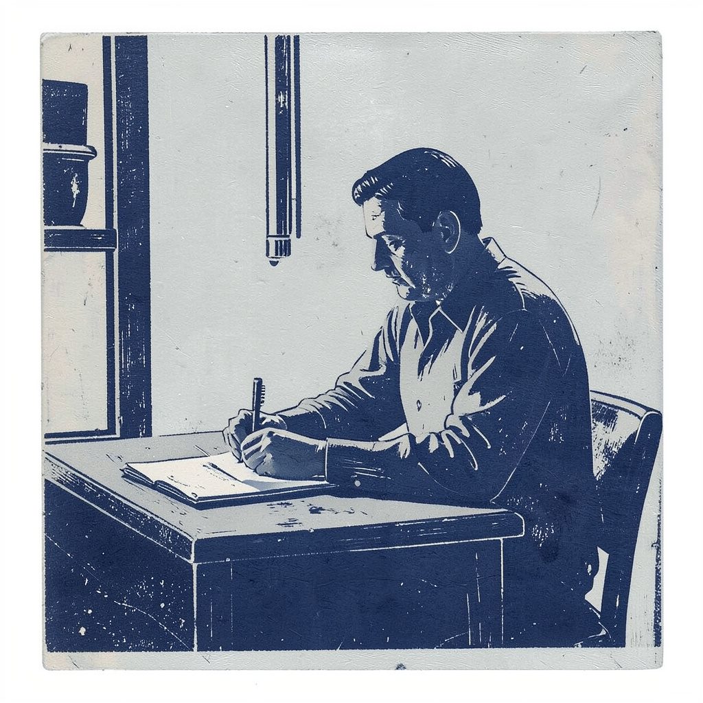 A carved linocut relief print in pale grey and muted navy-blue, depicting the calm silhouette of a person reading at a desk, quiet and contemplative.