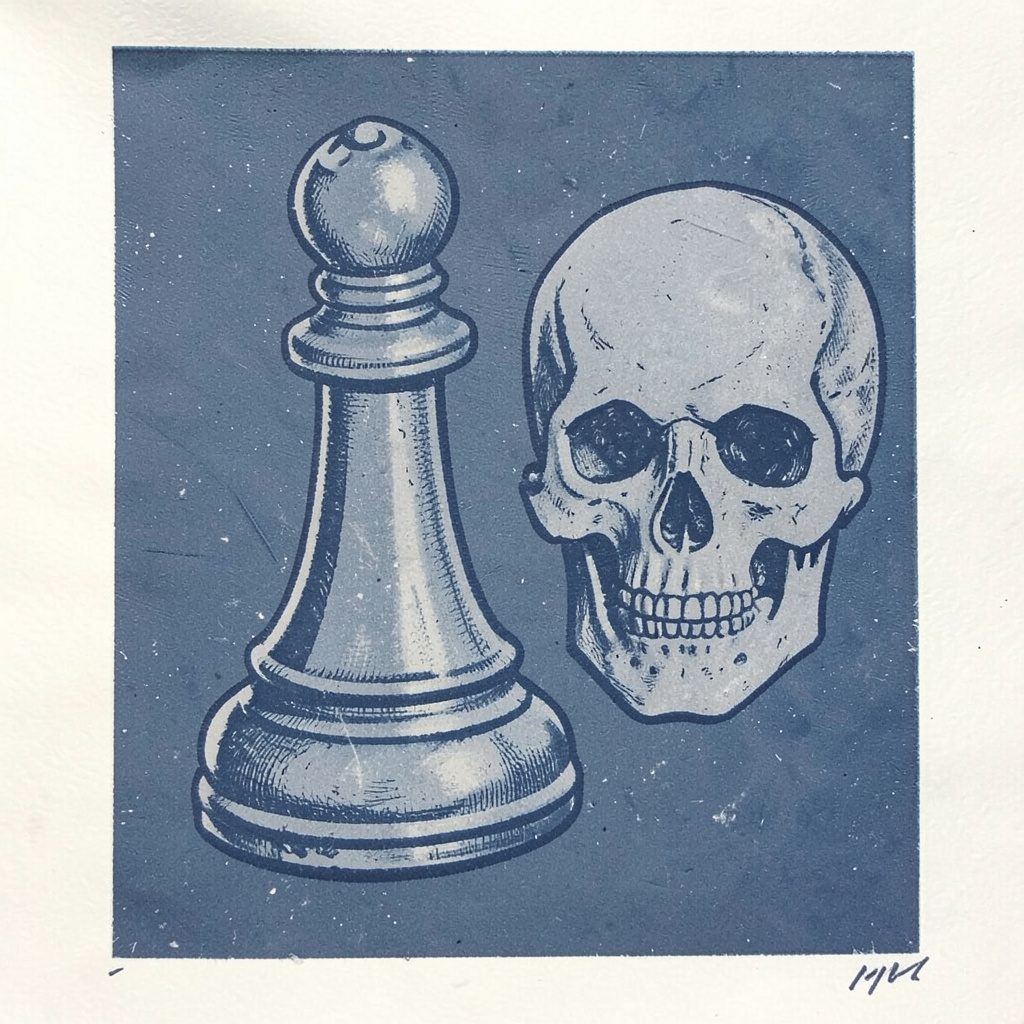 A carved linocut relief print in muted navy-blue and pale grey depicting a chess piece and a skull motif, referencing a contemplative, dramatic tone.